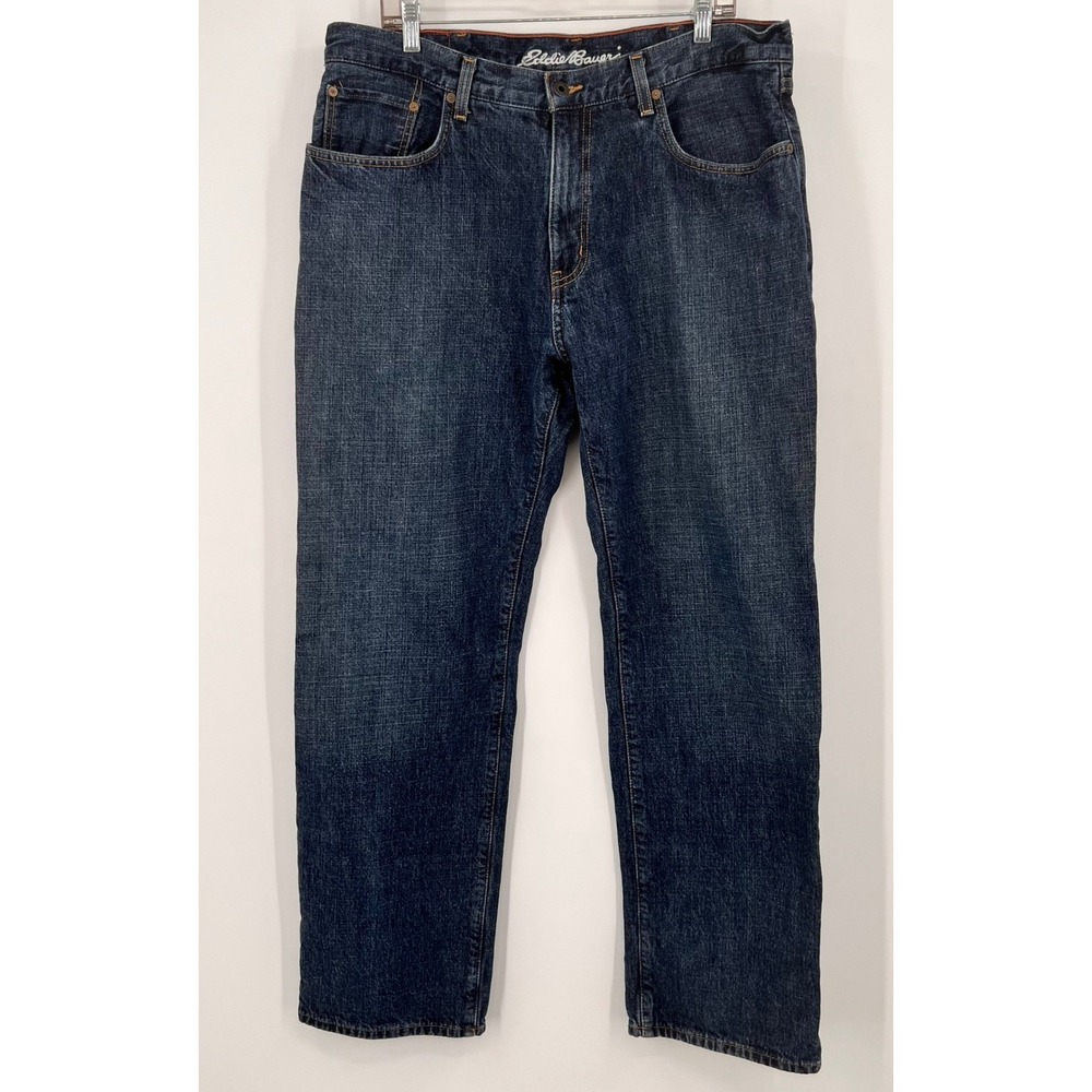 Eddie Bauer Mens Relaxed Fit Flannel Plaid Lined Jeans Dark Wash Blue 38x34